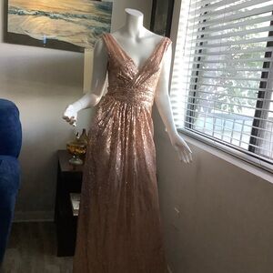 slim fit dress slacks Lili Blanc Asymmetric Sequin Gown in Brown main image 1